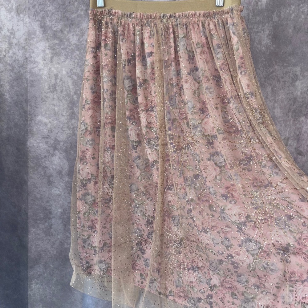 NWT Blue B Women M Pink Floral Fairy Ethereal Glitter Tulle Maxi Skirt - Picture 2 of 10
